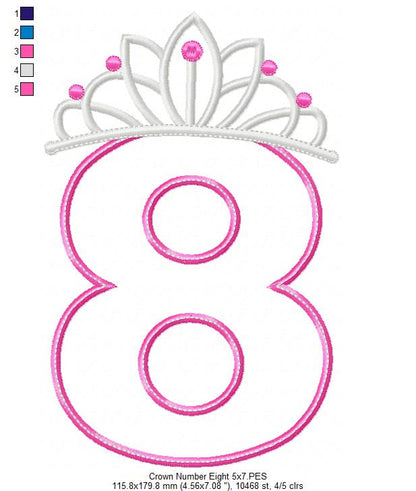 Princess Crown Number Eight - Applique Stitch - Machine Embroidery Design
