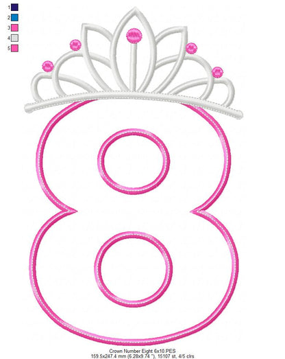 Princess Crown Number Eight - Applique Stitch - Machine Embroidery Design