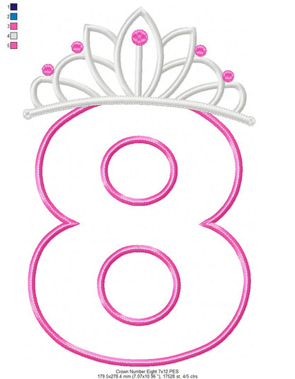 Princess Crown Number Eight - Applique Stitch - Machine Embroidery Design