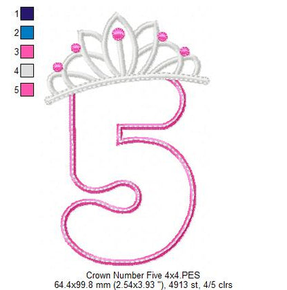 Princess Crown Birthday Number 5 Five 5th Birthday - Applique