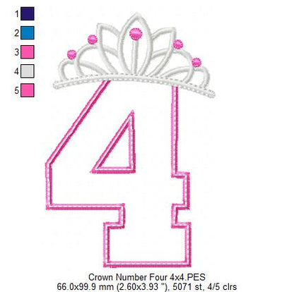 Princess Crown Birthday Number 4 Four 4th Birthday - Applique