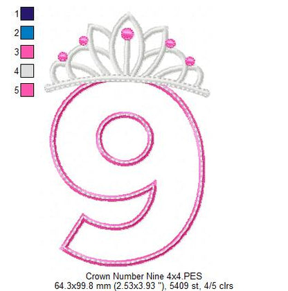 Princess Crown Number 9 - Appliqué - Machine Embroidery Design