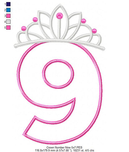 Princess Crown Number 9 - Appliqué - Machine Embroidery Design