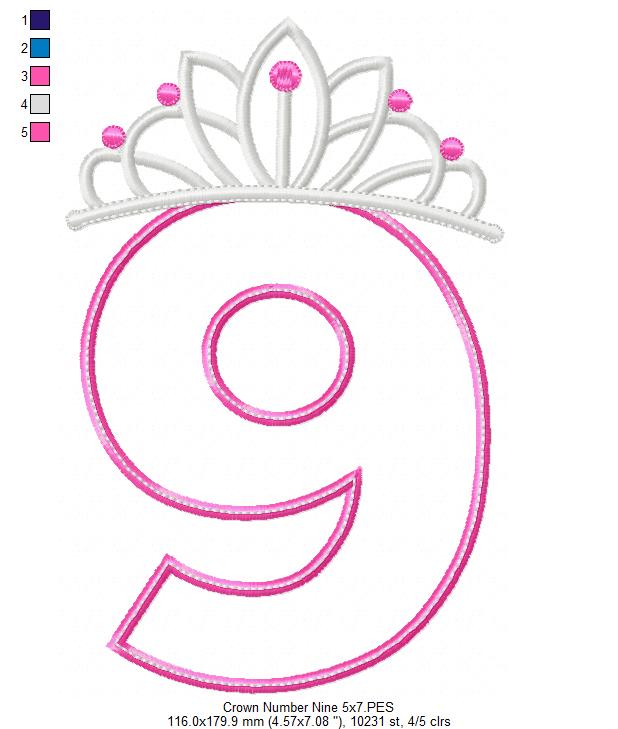 Princess Crown Birthday Number 9 Nine 9th Birthday - Applique