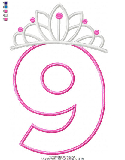 Princess Crown Number 9 - Appliqué - Machine Embroidery Design