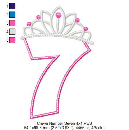 Princess Crown Number Seven - Appliqué - Machine Embroidery Design