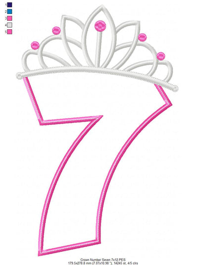Princess Crown Number Seven - Appliqué - Machine Embroidery Design
