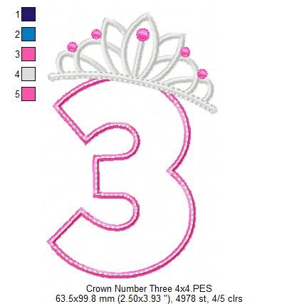 Princess Crown Number Three - Applique Stitch - Machine Embroidery Design