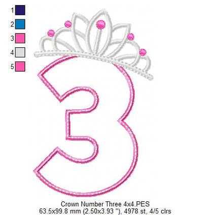 Princess Crown Number Three - Applique Stitch - Machine Embroidery Design