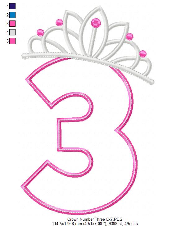 Princess Crown Number Three - Applique Stitch - Machine Embroidery Design