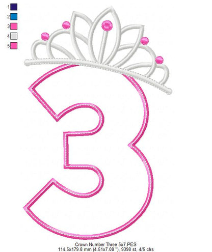 Princess Crown Number Three - Applique Stitch - Machine Embroidery Design