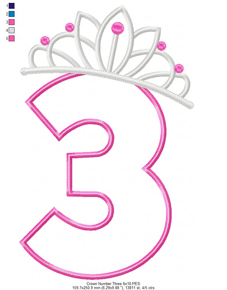 Princess Crown Number Three - Applique Stitch - Machine Embroidery Design