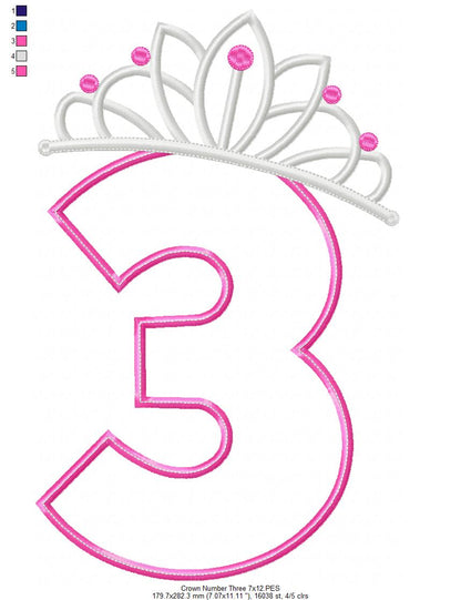 Princess Crown Number Three - Applique Stitch - Machine Embroidery Design