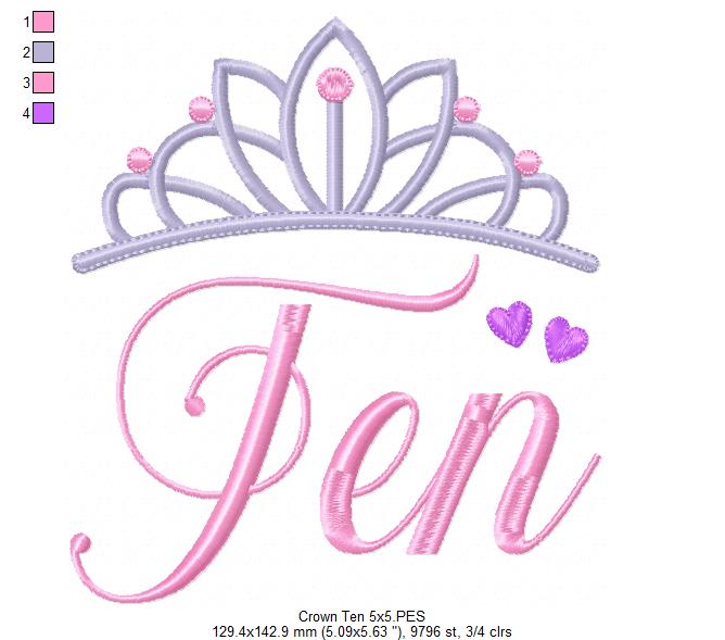 Crown Ten 10 Tenth Birthday Tiara - Fill Stitch