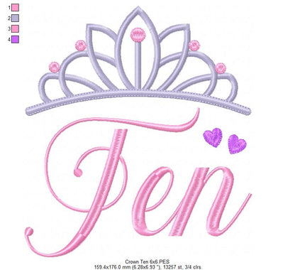 Crown Ten 10 Tenth Birthday Tiara - Fill Stitch