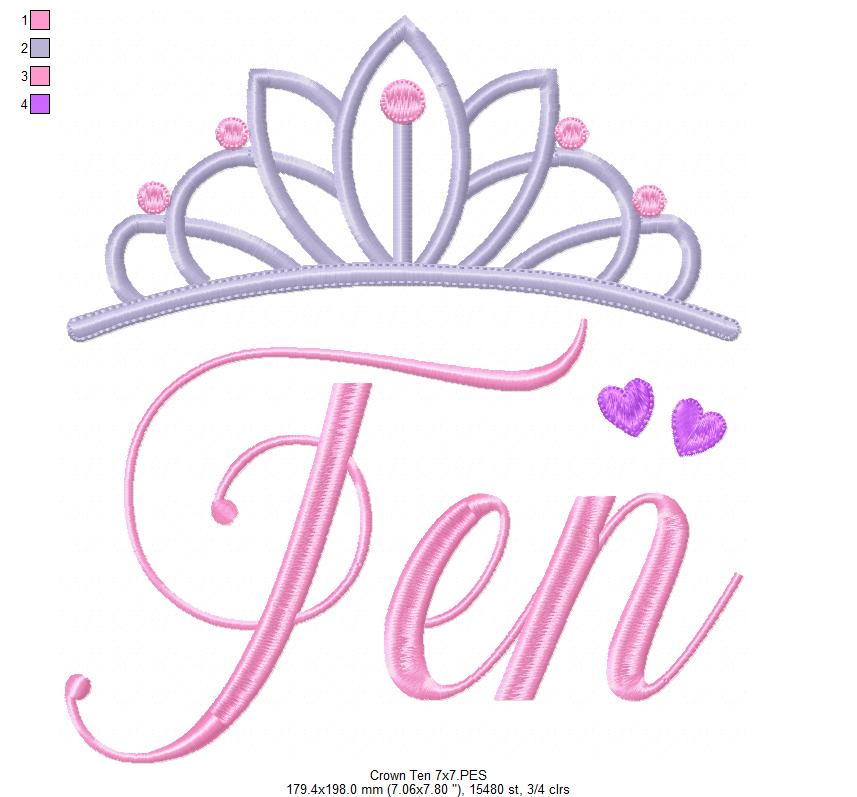 Crown Ten 10 Tenth Birthday Tiara - Fill Stitch