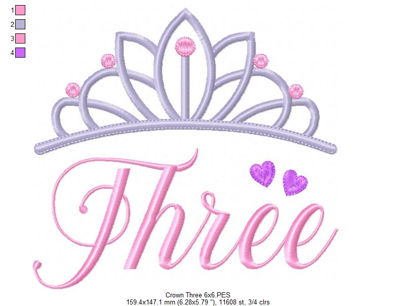 Crown Three 3rd Birthday Tiara - Fill Stitch