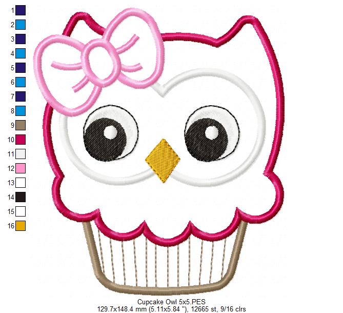 Cupcake Owl - Applique - Machine Embroidery Design