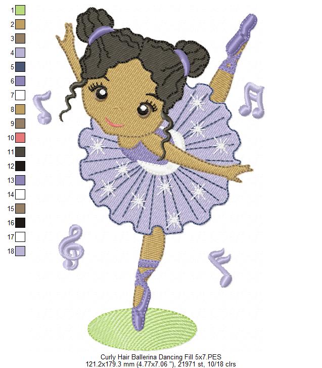 Curly Hair Ballerina Dancing - Fill Stitch