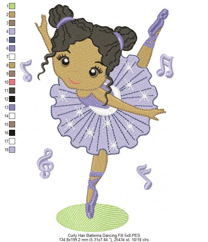 Curly Hair Ballerina Dancing - Fill & Rippled Stitch - Set of 2 designs