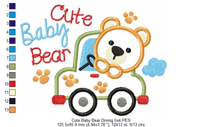 Cute Baby Bear Driving - Applique