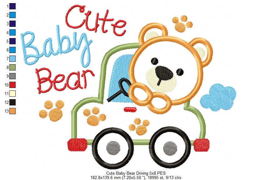 Cute Baby Bear Driving - Applique