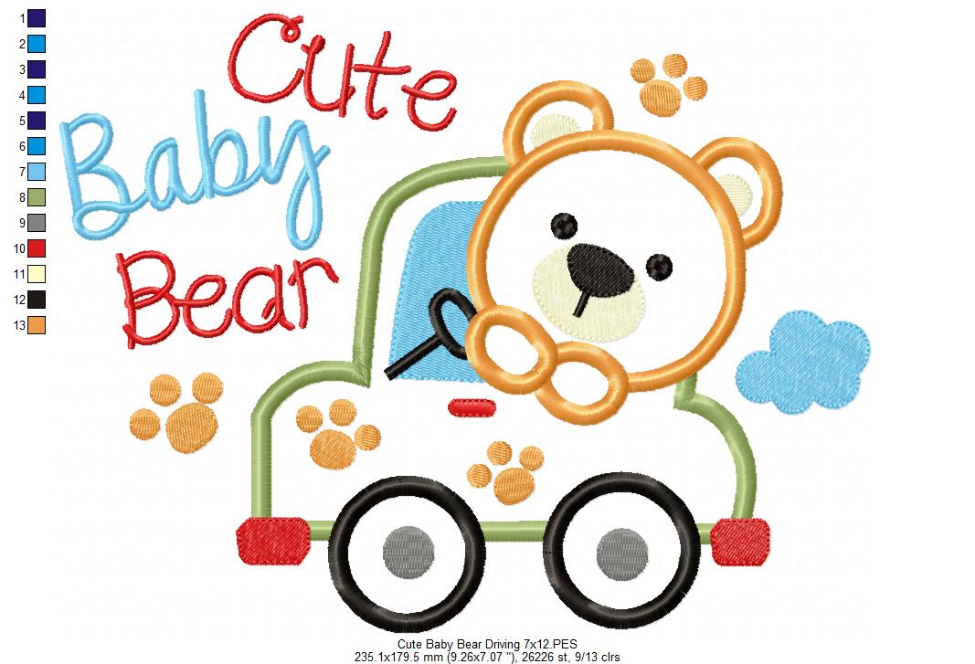 Cute Baby Bear Driving - Applique