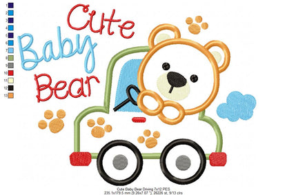 Cute Baby Bear Driving - Applique