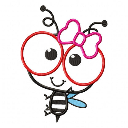 Cute Bee Girl with Glasses - Appliqué - Machine Embroidery Design