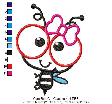Cute Bee Girl with Glasses - Appliqué - Machine Embroidery Design