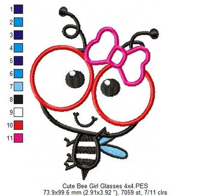 Cute Bee Girl with Glasses - Appliqué - Machine Embroidery Design