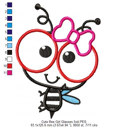 Cute Bee Girl with Glasses - Appliqué - Machine Embroidery Design