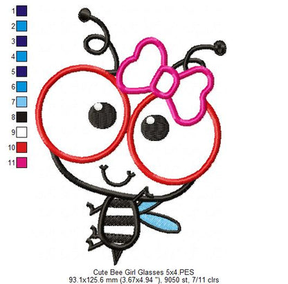 Cute Bee Girl with Glasses - Appliqué - Machine Embroidery Design