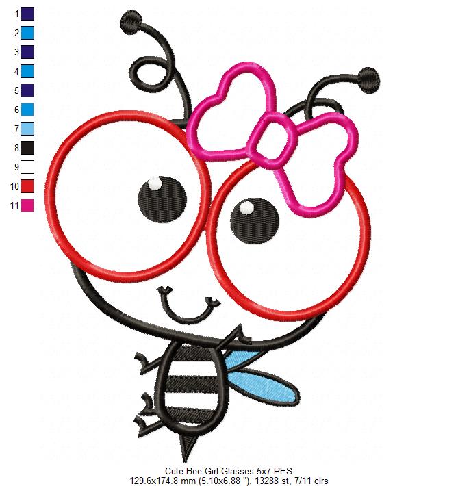 Cute Bee Girl with Glasses - Appliqué - Machine Embroidery Design