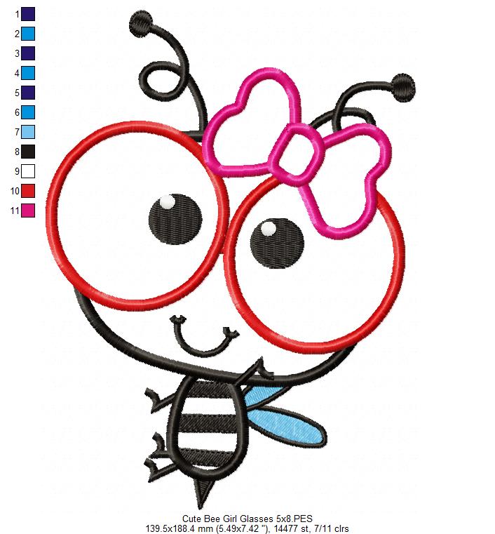 Cute Bee Girl with Glasses - Appliqué - Machine Embroidery Design