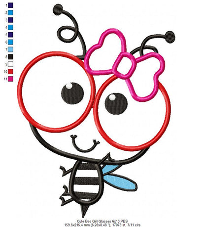 Cute Bee Girl with Glasses - Appliqué - Machine Embroidery Design