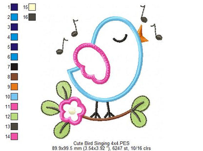 Cute Bird Singing - Applique