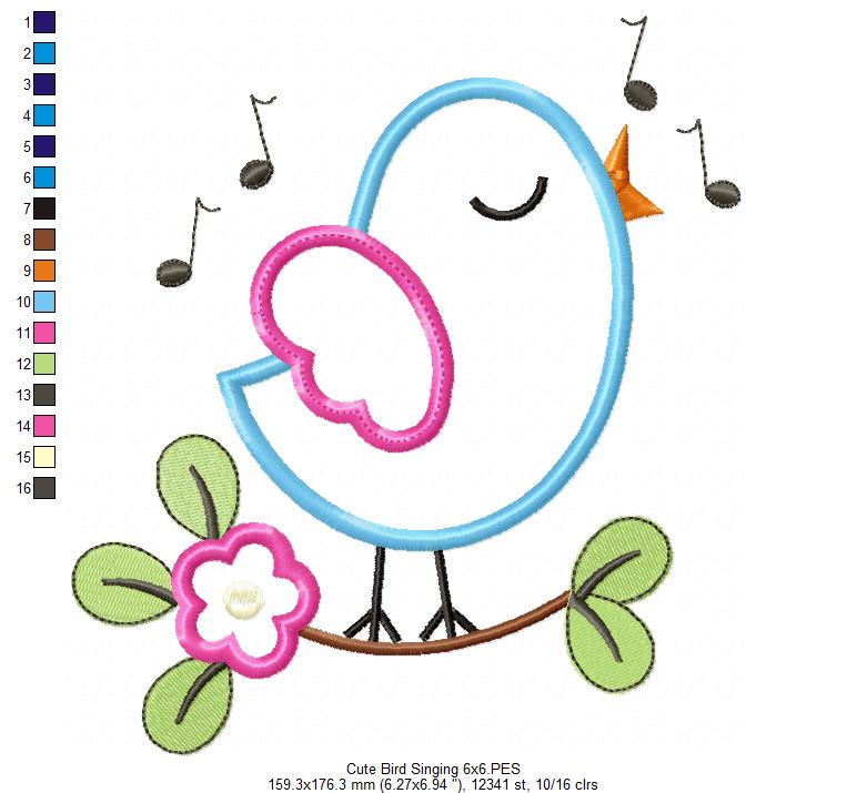 Cute Bird Singing - Applique