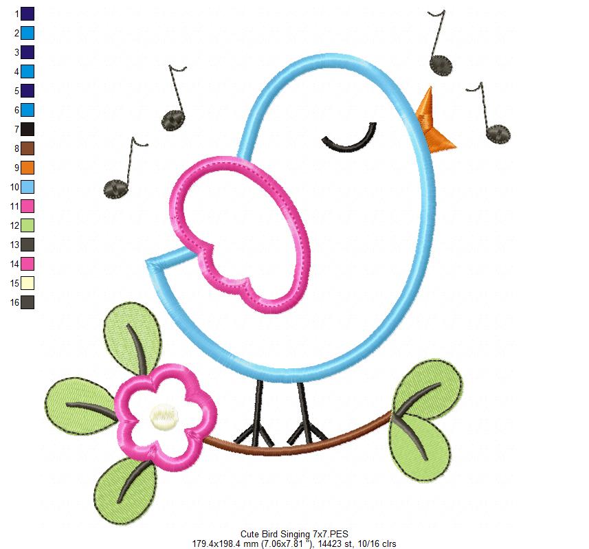 Cute Bird Singing - Applique