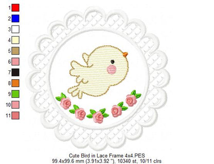 Cute Bird Lace Frame - Applique - Machine Embroidery Design