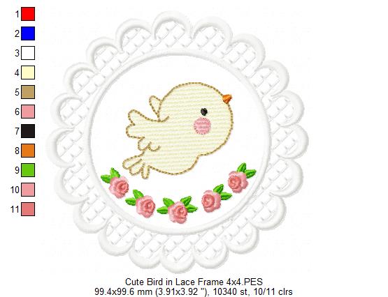 Cute Bird Lace Frame - Applique - Machine Embroidery Design