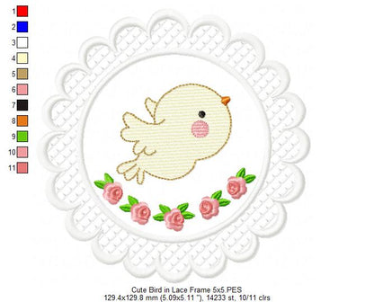Cute Bird Lace Frame - Applique - Machine Embroidery Design