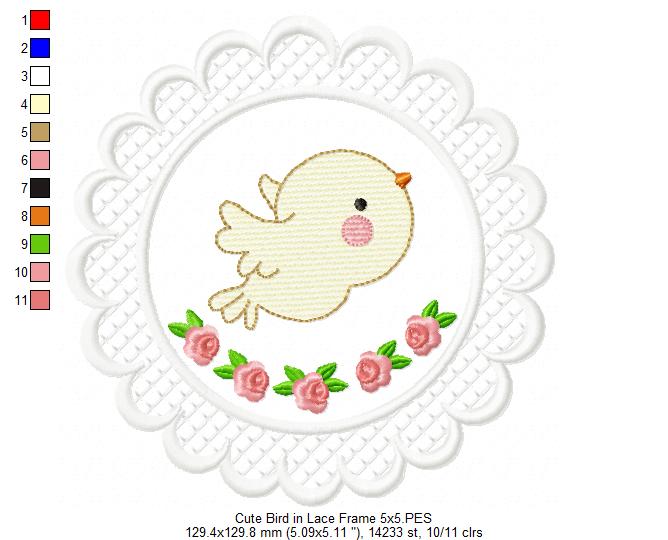 Cute Bird Lace Frame - Applique - Machine Embroidery Design