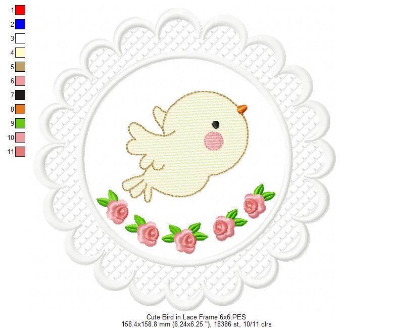 Cute Bird Lace Frame - Applique - Machine Embroidery Design