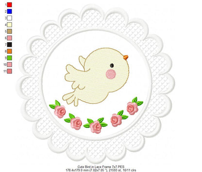 Cute Bird Lace Frame - Applique - Machine Embroidery Design
