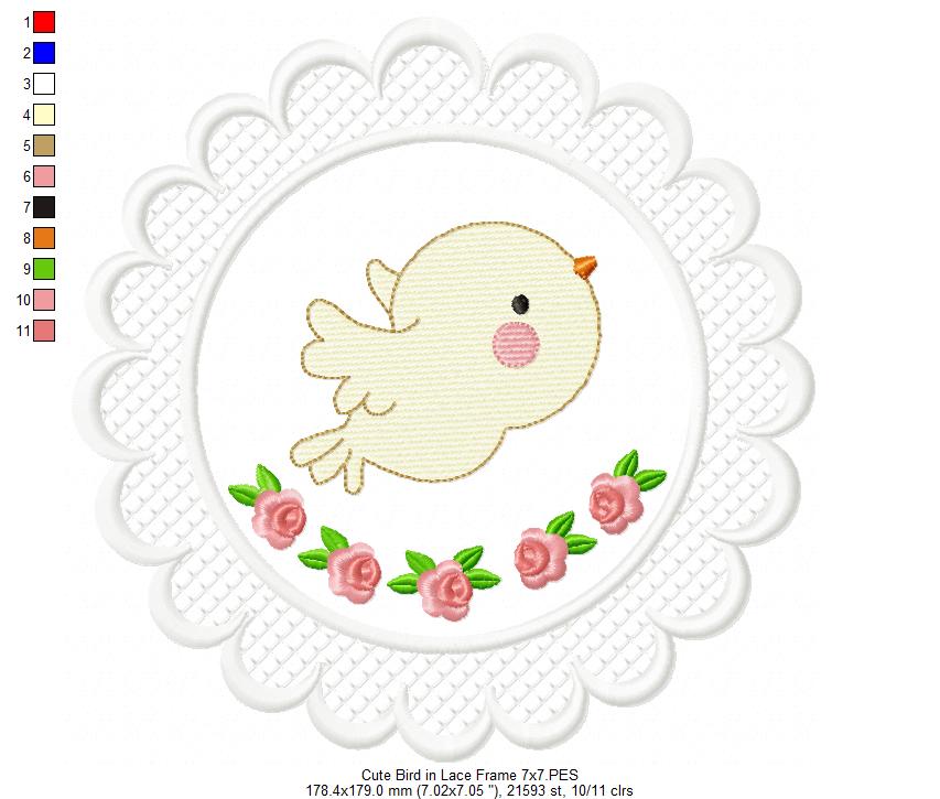 Cute Bird Lace Frame - Applique - Machine Embroidery Design