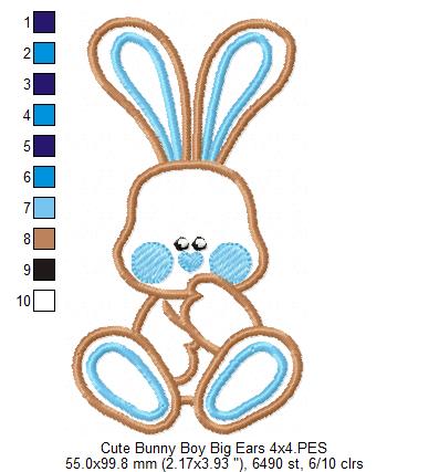 Cute Bunny Boy Big Ears - Applique - Machine Embroidery Design