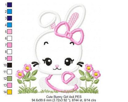 Cute Bunny Girl with Bow - Applique - Machine Embroidery Design