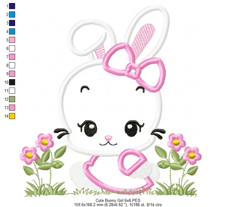 Cute Bunny Girl with Bow - Applique - Machine Embroidery Design