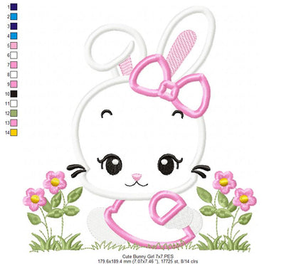 Cute Bunny Girl with Bow - Applique - Machine Embroidery Design